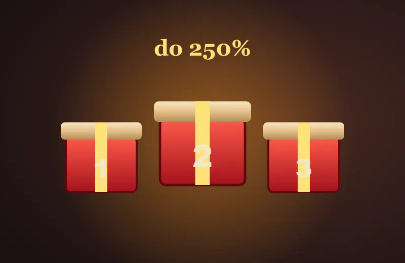 Trzy prezenty z numerami 1, 2, 3 i napis do 250% – bonus na trzy depozyty w Hotline Casino