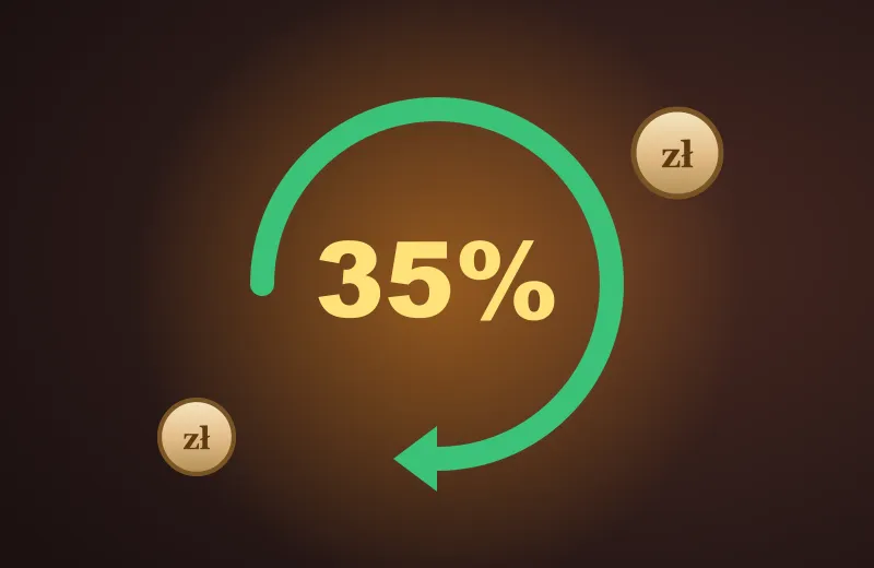Zielona strzałka zwrotu i napis 35% – cashback w Hotline Casino